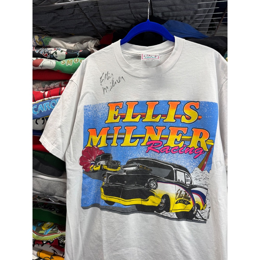 Vintage Ellis Milner Racing T Shirt Mens Large White Graphic Tee SA Arena USA